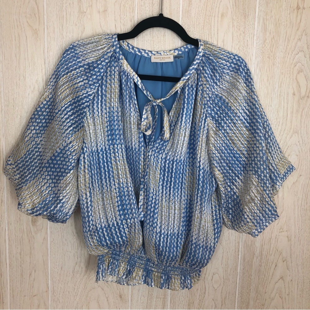 Ramy Brook Blue, Cream & Gold Printed Blouson Top